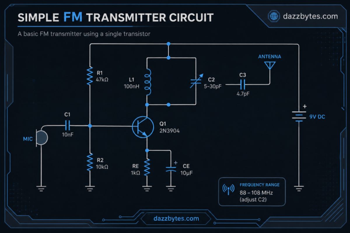simple fm transmitter circuit diagram using single 2n3904 transistor 