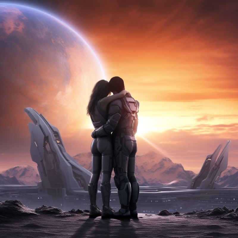 a couple gazing distance near a crashed space shuttle 