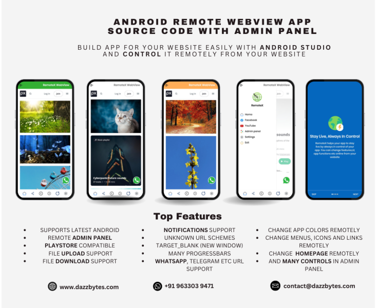 android remote webview mobile app template and easy to use source code to convert website to mobile app with admin panel
