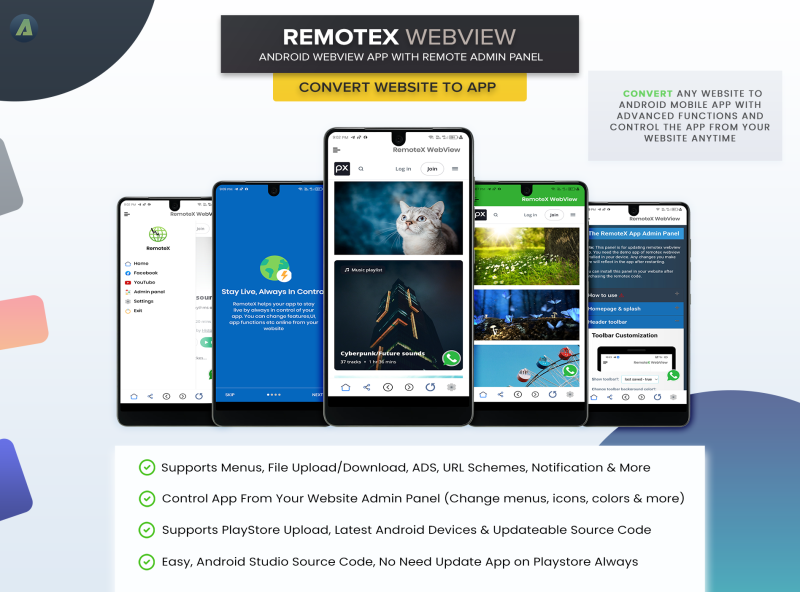 webview source code to convert website to mobile app with admin panel