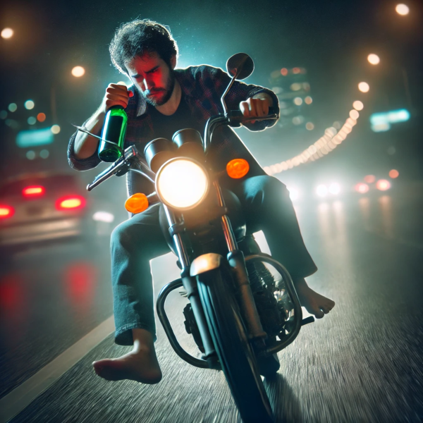 a drunk man riding a motorcycle 