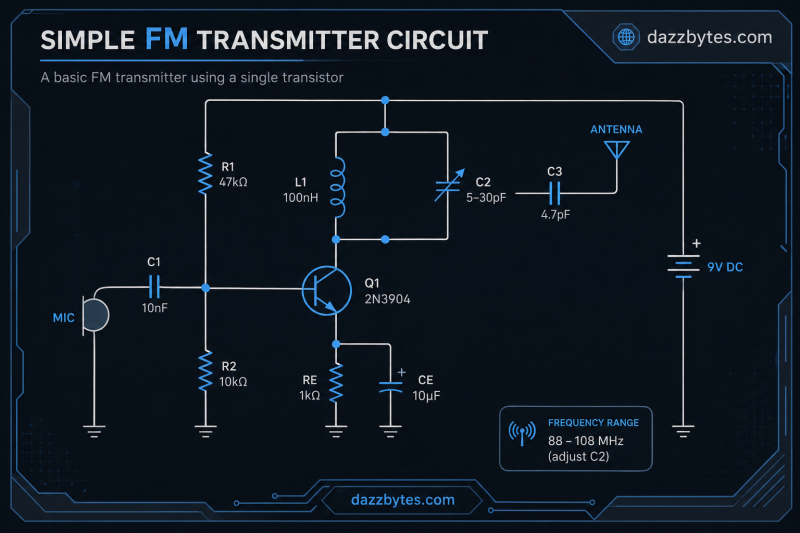 simple fm transmitter circuit diagram using single 2n3904 transistor 