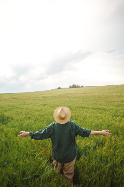 man enjoying nature with arms up